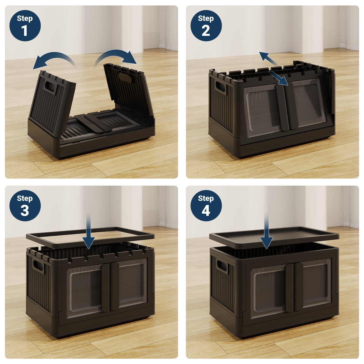 Stackable Collapsible Plastic Storage Bins with Lids,304 QT Closet Organizers with Doors, 25''L x 15.5''W x 56''H (Set of 4)